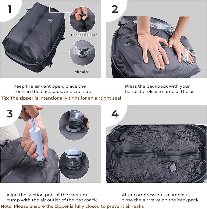 Vacuum Compression Backpack for Travel, Carry-On Backpack with Vacuum System & Pump, Packs Like 40L for 2-5 Day Trips, Fits 17" Laptop, Water-Resistant Personal Item Travel Backpack for Men / Women