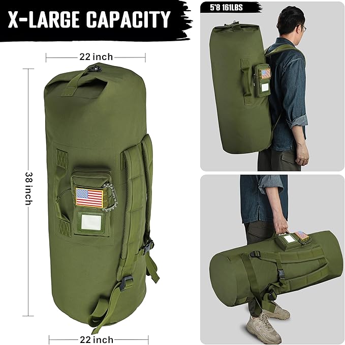 DEYACE Sea Bag, 110L Extra Large Military Duffle Bag with Name Tag Pocket Backpack Straps, Heavy Duty Army Duffle Bag for Camp or Laundry Bag