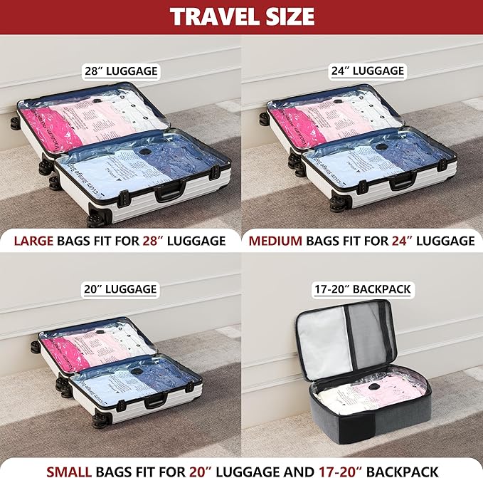 Vacuum Seal Bags for Clothing Travel and Home Storage, Travel Vacuum Bags with Electric Pump, Space Saver Compression Packing Cubes for Luggage Suitcase Bedding Blankets Clothes, 8 Combo