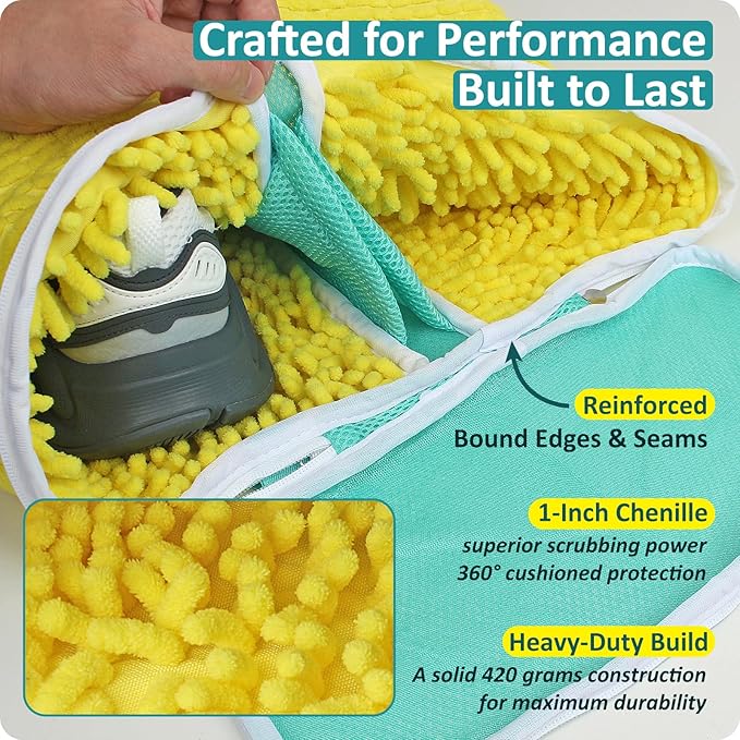 Upgraded Dual Compartment Shoe Washing Machine Bag, 420g Heavy-Duty Sneaker Laundry Bag with Clasp-Lock Zipper, Thick Chenille & Reinforced Seams for Maximum Protection, Yellow/Blue, 1-Piece