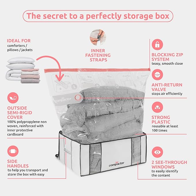 Compactor 3 Pack Vacuum Storage Bag with Semi-Rigid Box, Closet Organizer, Vacuum Seal Bags for Clothing and Bedding, Fits All Vacuum and Nozzle Types, 210L, White, XXL