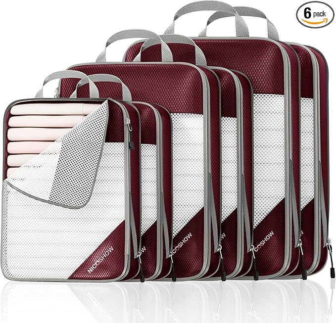 NICOSHOW 6 Set Compression Packing Cubes for Travel - Compressible, Lightweight, and Space-Saving Packing Cubes, Travel Essentials for Women, Wine