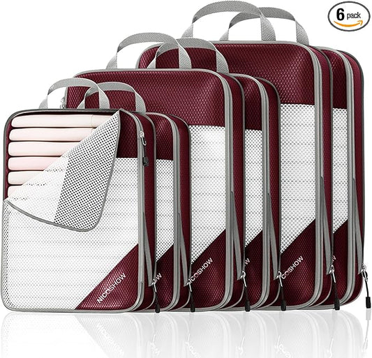 NICOSHOW 6 Set Compression Packing Cubes for Travel - Compressible, Lightweight, and Space-Saving Packing Cubes, Travel Essentials for Women, Wine