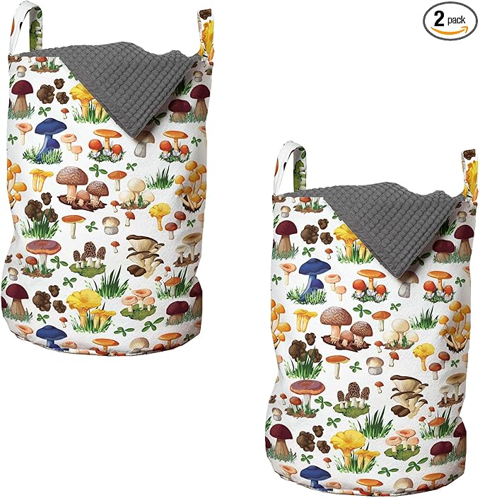 Ambesonne Mushroom Laundry Bag Pack of 2, Pattern of Mushrooms Wild Species Natural Food Garden Exotic Wilderness Art, Hamper Basket with Handles Drawstring Closure, 13" x 19", Brown Beige Green