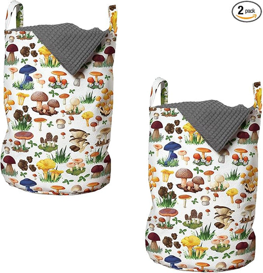 Ambesonne Mushroom Laundry Bag Pack of 2, Pattern of Mushrooms Wild Species Natural Food Garden Exotic Wilderness Art, Hamper Basket with Handles Drawstring Closure, 13" x 19", Brown Beige Green