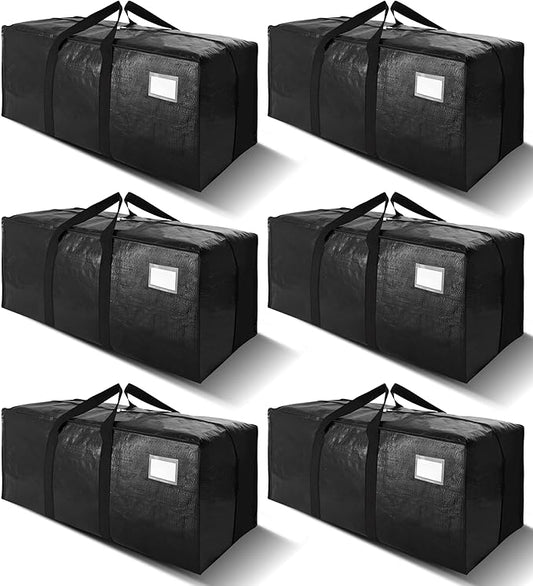 6 Pack Heavy Duty Extra Large Moving Bags W/Backpack Straps - Strong Handles & Zippers, Storage Totes For Space Saving, Fold Flat, Alternative to Box and Bin (40 gal, Black)