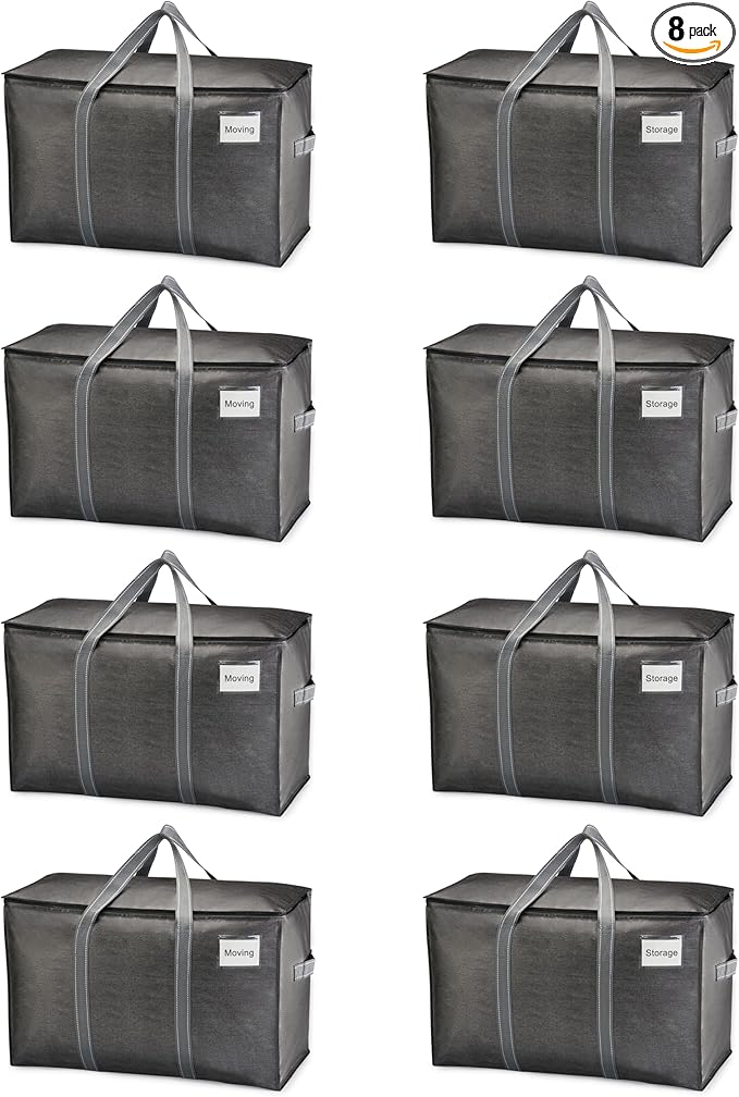 VENO 8 Pack Heavy Duty Moving Bags, Extra Large Storage Bags with Reinforced Handles & Strong Zippers, Foldable & Reusable Moving Box Alternative for Clothes & Dorm Storage