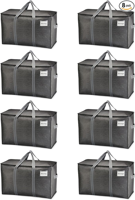 VENO 8 Pack Heavy Duty Moving Bags, Extra Large Storage Bags with Reinforced Handles & Strong Zippers, Foldable & Reusable Moving Box Alternative for Clothes & Dorm Storage