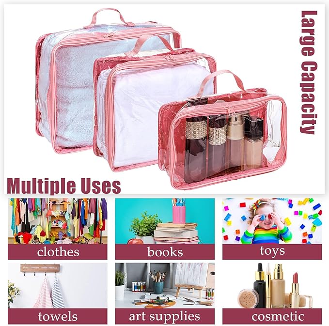 Hillban 6 Pcs Pink Large Clear Travel Packing Cube 3 Sizes See Through PVC Organizer for Suitcase Multipurpose Pouch with Handle Vinyl Zippered Storage Bags Luggage Cube Organizer