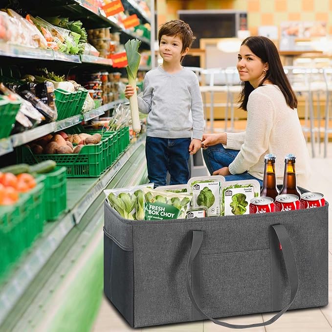 LHZK 2 Pack Extra Large Utility Tote Bag with Metal Wire Frame and the Sides Rinforced, Extra Large Tote Bag with Handle, Reusable Grocery Bags Foldable, Beach Bag, Car Tote (Gray, 26''x15''x13'')