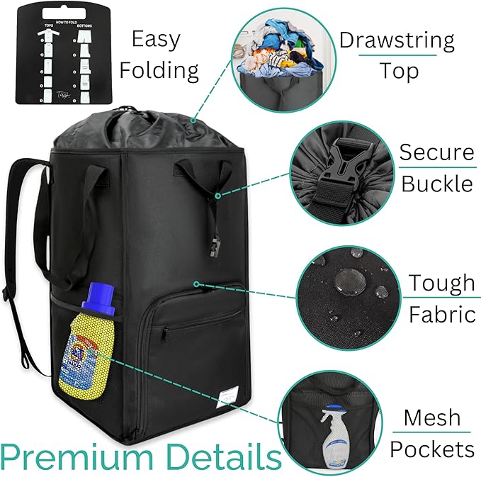 Terra Home College Essentials Travel Size Laundry Backpack - Portable, Durable, Foldable - Laundry Bag with Pockets for College Dorms - Extra Large Laundry Carrying Bag with Strap (Black)