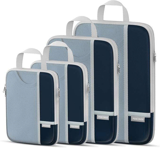 Percover Compression Packing Cubes for Travel, 4-Piece Structured Compression Organizer Set with Label Pockets for Carry-On & Checked Luggage, Navy Blue