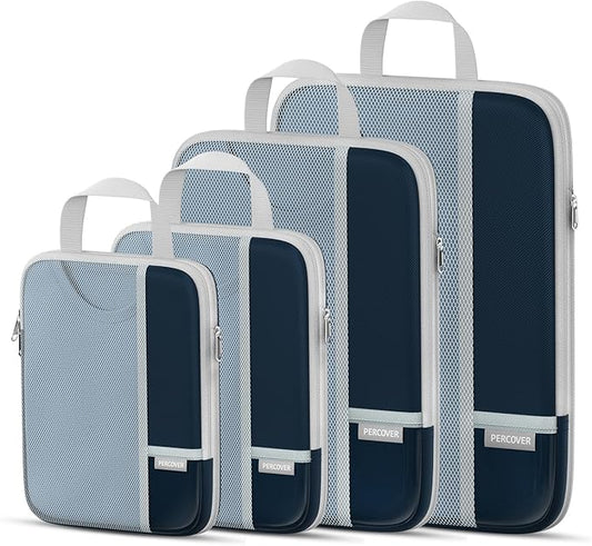 Percover Compression Packing Cubes for Travel, 4-Piece Structured Compression Organizer Set with Label Pockets for Carry-On & Checked Luggage, Navy Blue