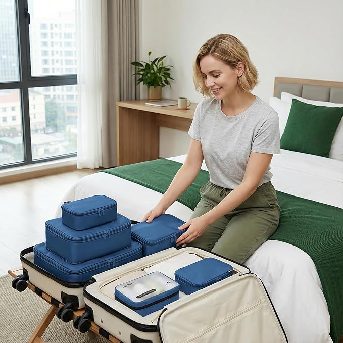 6 Set Compression Packing Cubes for 7–14 Day Travel, Durable Nylon Oxford Luggage Organizers with IP6X Waterproof Toiletry Bag, Expandable Suitcase Packing System (Dark Blue)