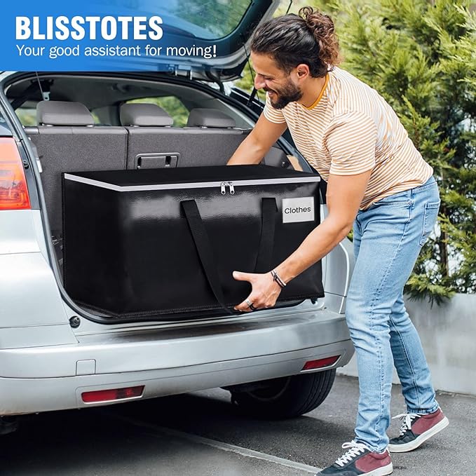 BlissTotes Moving Bags, Heavy Duty Moving Boxes with Zippers Top and Sturdy Handles, Storage Bags for Space Saving and Packing, Collapsible Moving Supplies, Storage Totes (125L, 6-Pack, Black)