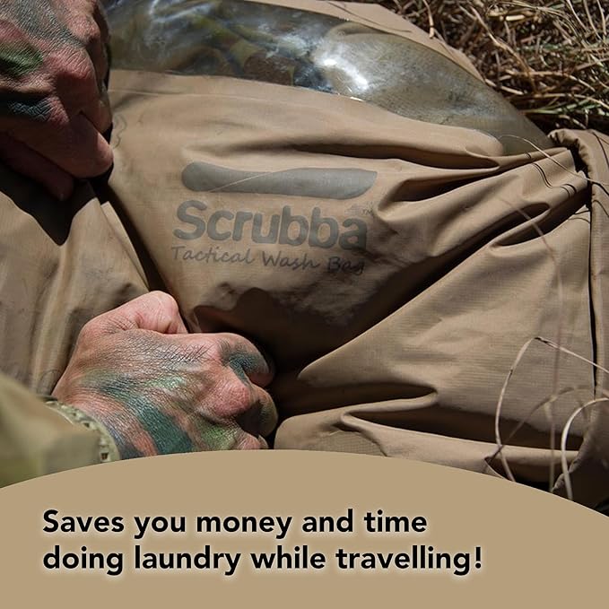 Scrubba Tactical Wash Bag & Dry Kit - Portable Washing Machine System with XL Towel, Pegless Clothesline & Hangers - Lightweight Travel Essentials Laundry Kit for Camping, Hiking, RV, Hotels