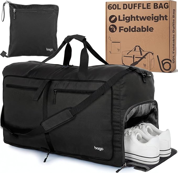 Bago Medium Duffle Bag for Travel Women & Men. Durable Lightweight Foldable Travel Duffel Bags For Traveling Women. 60L Duffle Bags For Overnight Bag With Shoe Compartment Collapsible Weekender duffel