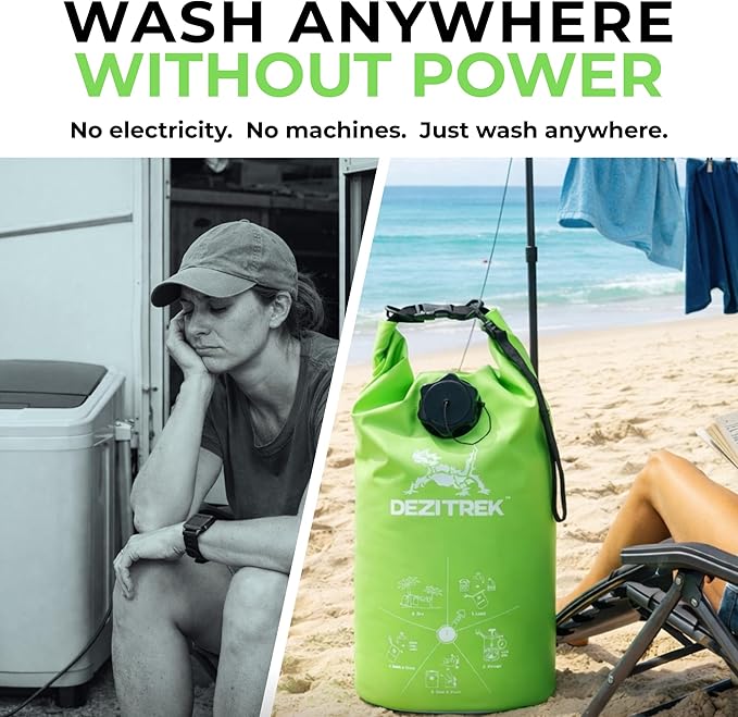 All in One Hand Wash Bag and Plunger Set - Off Grid Washing Machine Non Electric for Camping Travel | Eco Friendly Portable Manual Clothes Washer Laundry Bag for RV's (Medium)