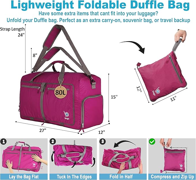 Bago Large Duffle Bag for Travel Women & Men. Durable Lightweight Foldable Travel Duffel Bags For Traveling Women. 80L Duffle Bags For Overnight Bag With Shoe Compartment Collapsible Weekender duffel