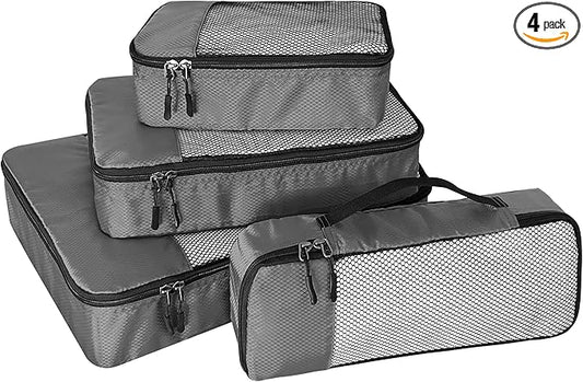 WTREE 4-Piece Packing Cubes Travel Accessories Set for Suitcases - Luggage Organizer Bags with Double Zipper - Mesh Top - Small/Medium/Large/Slim - Dark Grey