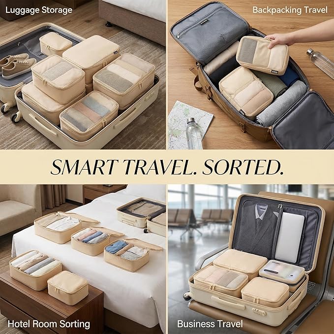 6 Set Compression Packing Cubes for 7–14 Day Travel, Durable Nylon Oxford Luggage Organizers with IP6X Waterproof Toiletry Bag, Expandable Suitcase Packing System (Mist Khaki)