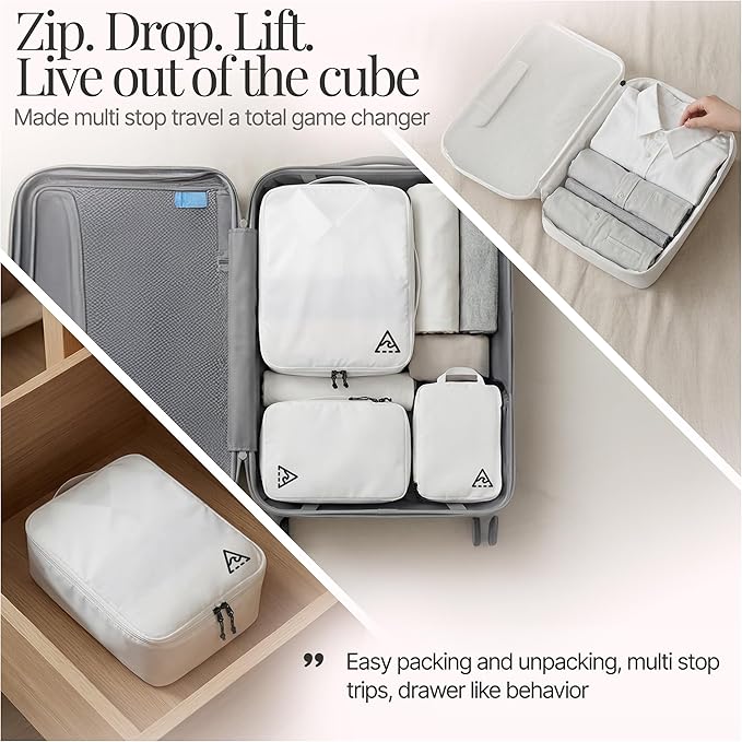 Well Traveled 4 pcs Compression Packing Bags Cubes Set with HybridMax Double-Capacity Design - Packing Cubes for Travel Compression to Maximize Limited Luggage Space, White