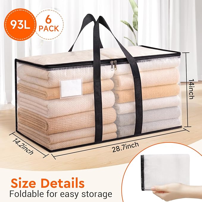 BlissTotes Clear Moving Bags Heavy Duty, 93L Extra Large Storage Bags with Zipper & Reinforced Handles, Waterproof PP Moving Totes for Clothes, Bedding, Comforters, Space Saving Storage (6 Pack)