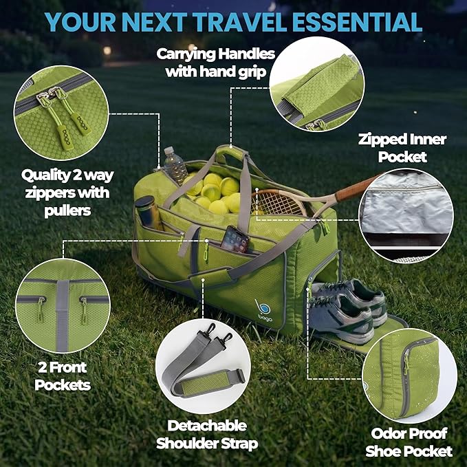 Bago Compact Duffle Bag for Travel Women & Men. Durable Lightweight Foldable Travel Duffel Bags For Traveling Women. 40L Duffle Bags a Reliable Weekender duffel or Overnight Bag With Shoe Compartment