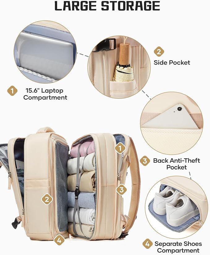wepadre Vacuum Backpack Travel with Pump Travel Backpack with Vacuum System Expandable Vacpack Compression Backpacks for Travel Easy Vac Pack Carry on Luggage Beige