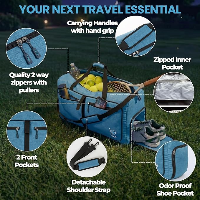 Bago Compact Duffle Bag for Travel Women & Men. Durable Lightweight Foldable Travel Duffel Bags For Traveling Women. 40L Duffle Bags a Reliable Weekender duffel or Overnight Bag With Shoe Compartment