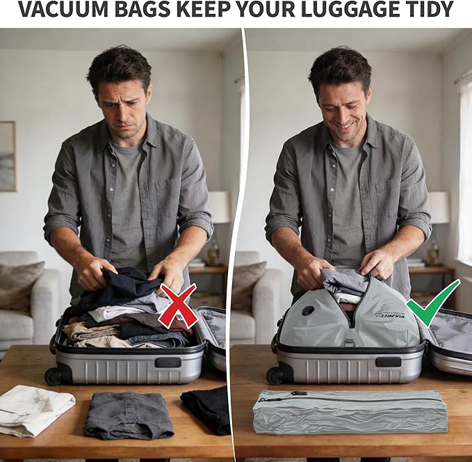 Reusable Vacuum Bags With Pump for Travel,Professional Waterproof IPX8 Vacuum Compression Bag for Suitcases Backpack,Space Saver Bags Packing Organizers for Clothing Packing(2 Pack,Gray)