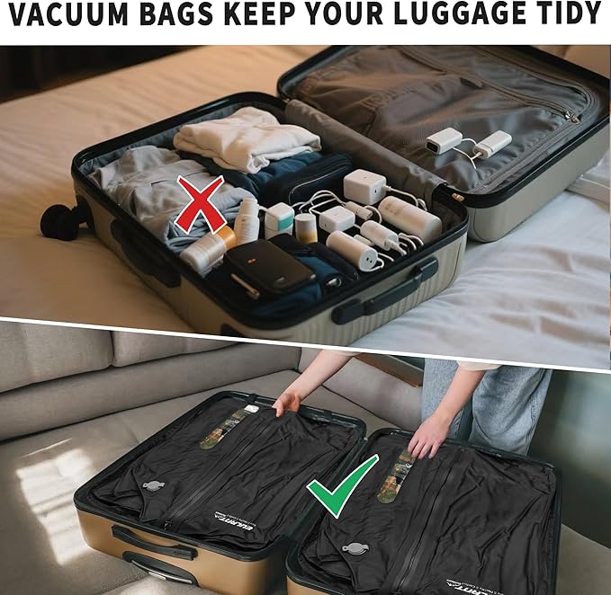 Reusable Vacuum Bags for Travel,Professional Waterproof IPX8 Zipper Vacuum Compression Bag for Suitcases Backpack,Space Saver Bags Packing Organizers for Clothing Packing(2 Pack,Dark Black)