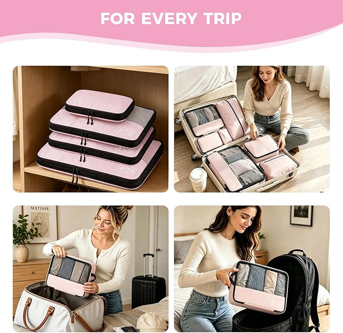 8-Piece Compression Packing Cubes for Travel, Stylish Luggage Organizer Set for Women, Space Saving Travel Essentials, Perfect for Vacation Cruise, Weekend Getaways & Carry-On Packing - Light Pink