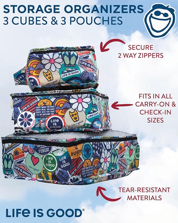 Life is Good 6 Piece Packing Cube Set - Tear Resistant Mulifunctional Apparel and Accessory Storage, News Print