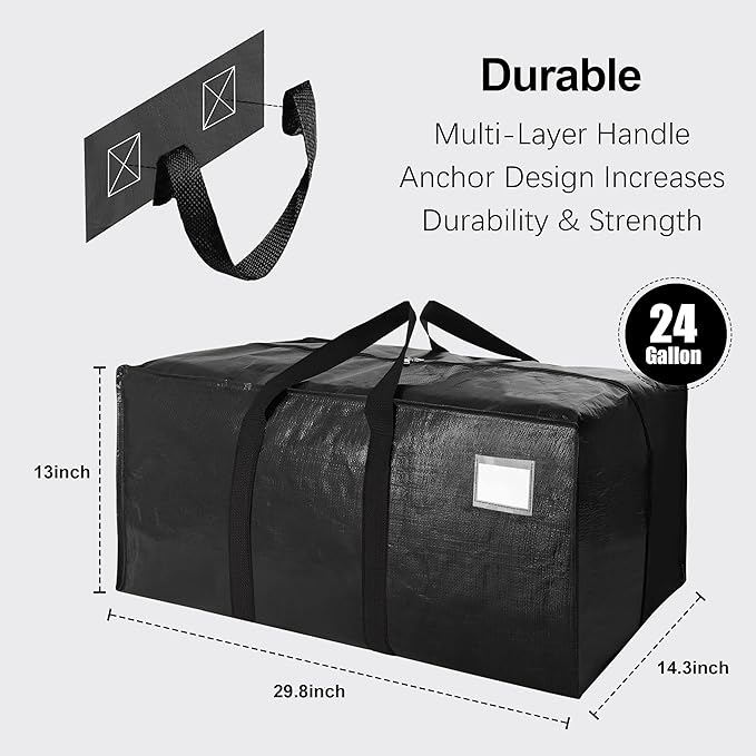 VELVETSURE Heavy Duty Extra Large Moving Bags W/Backpack Straps - Strong Handles & Zippers, Storage Totes For Space Saving, Fold Flat, Alternative to Moving Box and Storage Bin (Set of 6, Black)