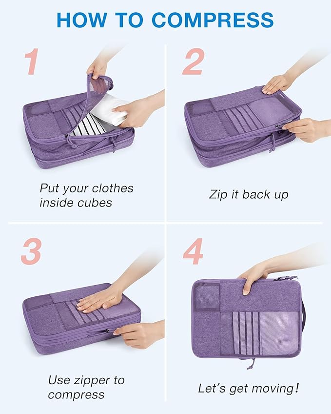 BAGSMART Compression Packing Cubes, Durable Travel Packing Cubes for Carry-On Suitcase, Lightweight Compressible Luggage Organizer Cruise Ship Travel Essentials, 6-Pack 1L+3M+1S+Shoe Bag, Light Beige