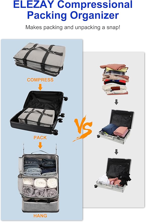 ELEZAY Hanging Packing Cubes Portable Closet 3-Shelf Travel Collapsible Compression Garment Organizer for Carry-on Luggage Suitcase Space Saver Bag XX-Large_No Side Pockets, Lightgrey