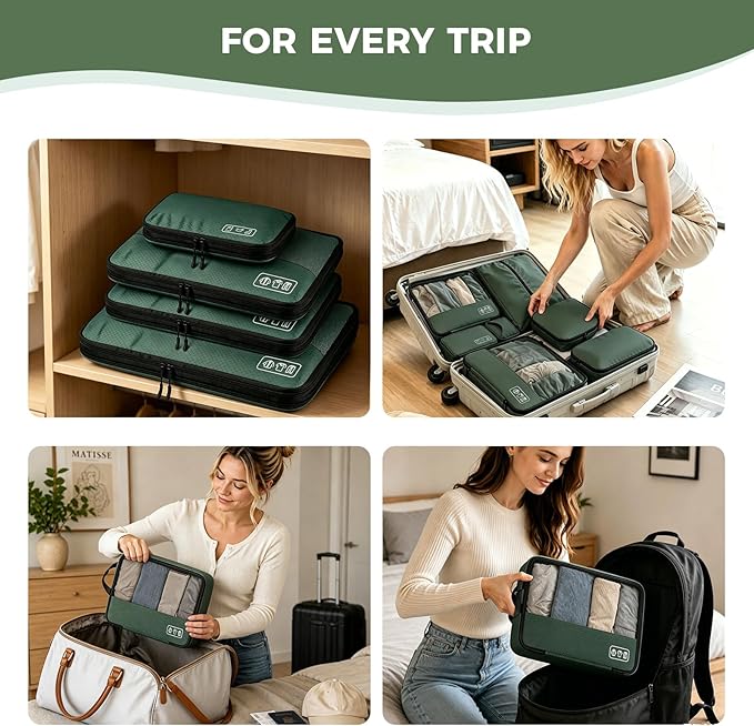 8-Piece Compression Packing Cubes for Travel, Trendy Luggage Organizer Set for Young Travelers, Space Saving for Carry-On, Suitcase, Vacation & Weekend Trips - Avocado Green