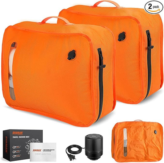 Vacuum Bags for Travel with Wired Pump, Travel Compression Bags for Clothes, 180° Open Zipper, Save 80% Space, IP68 Waterproof Travelpack Vacuum Kit for Luggage, Suitcase, Home Storage (2 Pack + Pump)