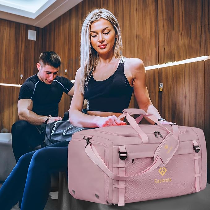 Large Sports Gym Bag, Travel Duffel bag with Wet Pocket & Shoes Compartment for men women, 65L, Lightweight（Pink）