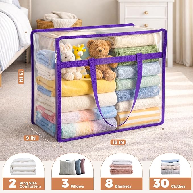 4 Pack Clear Zippered Storage Bags for Clothes, Closet Organizers and Storage Vinyl Bag for Bedding, Linen, Blankets, Comforters, Clothes & Toys Multi Purpose & Space Saver PVC Organizers
