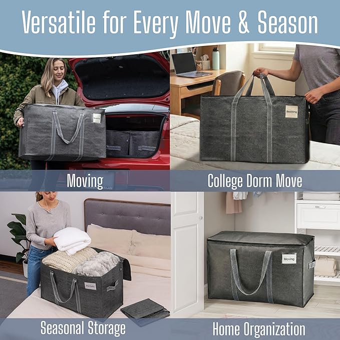 VENO 8 Pack Heavy Duty Moving Bags, Extra Large Storage Bags with Reinforced Handles & Strong Zippers, Foldable & Reusable Moving Box Alternative for Clothes & Dorm Storage