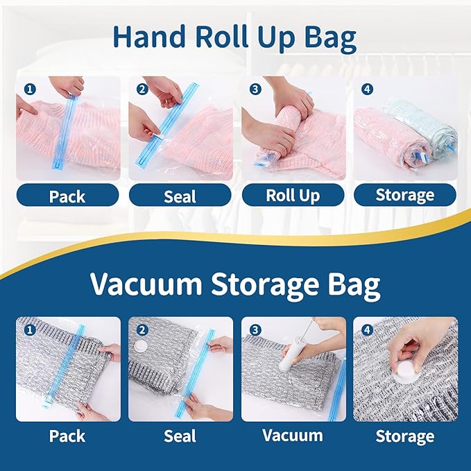 Vacuum Storage Bags with Electric Pump, 12 Pack Space Saver (2 Jumbo,2 Large,3 Medium,3 Small,2 Roll-Up) for Clothes, Bedding, Home & Travel, Heavy Duty PA+PE Vacuum Seal Bags