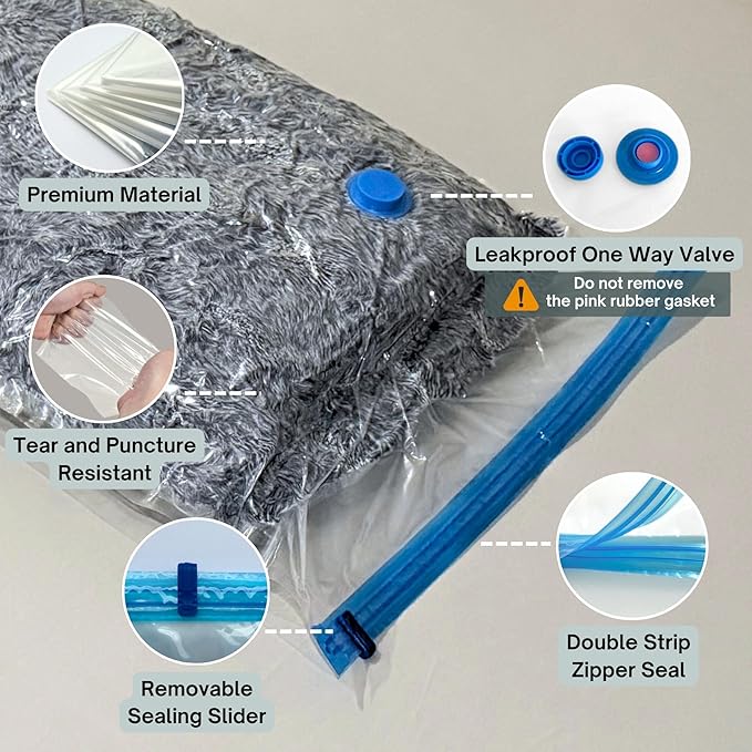 4 Mega Jumbo XXL Vacuum Storage Bags with Pump, Supersized Compression Space Saver for Comforter, duvet, Bedding, Blanket storage, Vacuum Seal Bags for Clothing, Durable Safe Poly Material