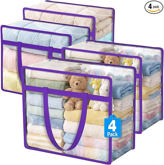 4 Pack Clear Zippered Storage Bags for Clothes, Closet Organizers and Storage Vinyl Bag for Bedding, Linen, Blankets, Comforters, Clothes & Toys Multi Purpose & Space Saver PVC Organizers
