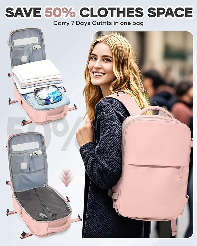 Vacuum Seal Travel Backpack with Air Pump,Compression Vacpack Waterproof Carry On Backpack for Travel Women Men with Vacuum System,Airlines Approved Daypack Laptop Space Saver Bags,Pink