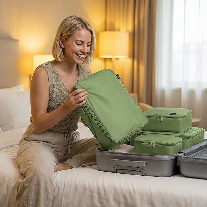 6 Set Compression Packing Cubes for 7–14 Day Travel, Durable Nylon Oxford Luggage Organizers with IP6X Waterproof Toiletry Bag, Expandable Suitcase Packing System (Forest Green)