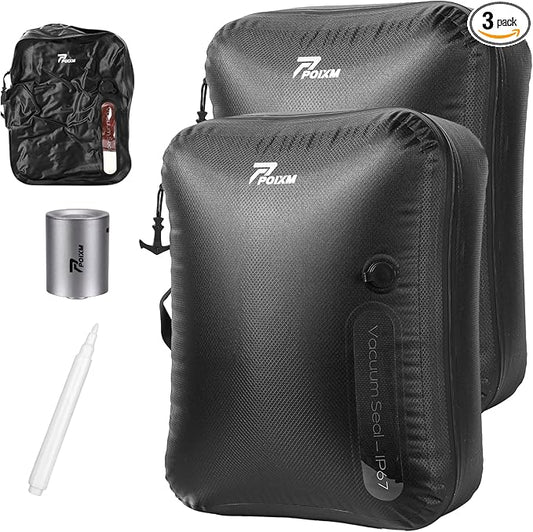 Vacuum Bags for Travel with Wireless Pump, 180° Open Zipper, IP67 Waterproof, Reusable Space Saver Compression Bags for Backpack, Suitcase, Home Storage(2 Pack + Pump)