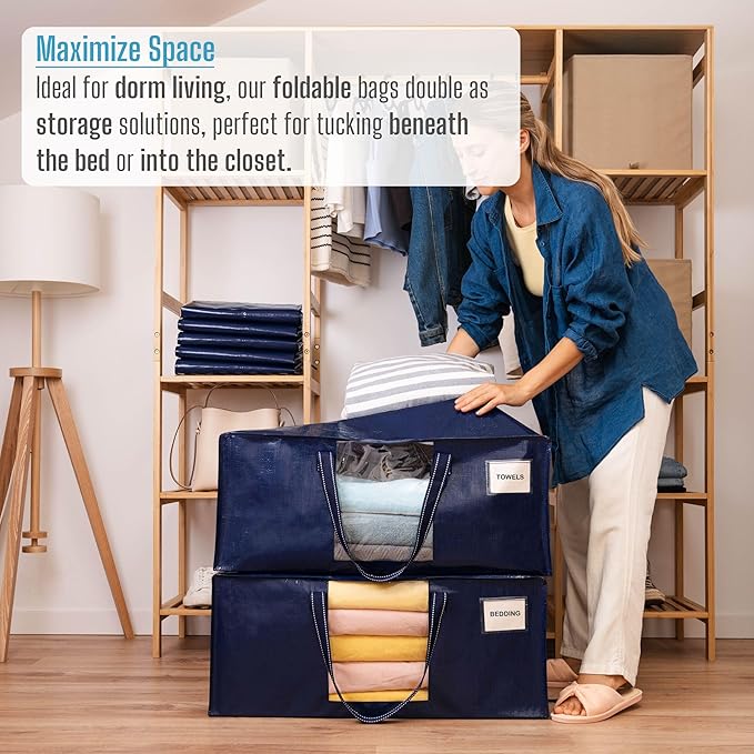 VENO 8 Pack Heavy Duty Moving Bags, Packing Bags with Clear Window, Alternative to Moving Boxes, Storage Bins for Clothes, Blankets, Comforters, College Dorm Essentials (Blue, 8 Pack)