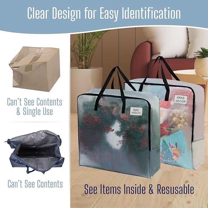 VENO 5 Pack Clear Moving Bags, Fits 30" Wreath & Storage Totes, Heavy Duty Packing Bags with Handles for Clothes & Bedding